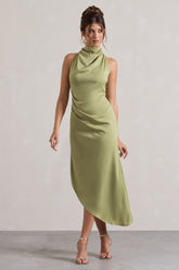 Light Olive Satin Cowl-Neck Asymmetric Midi Dress